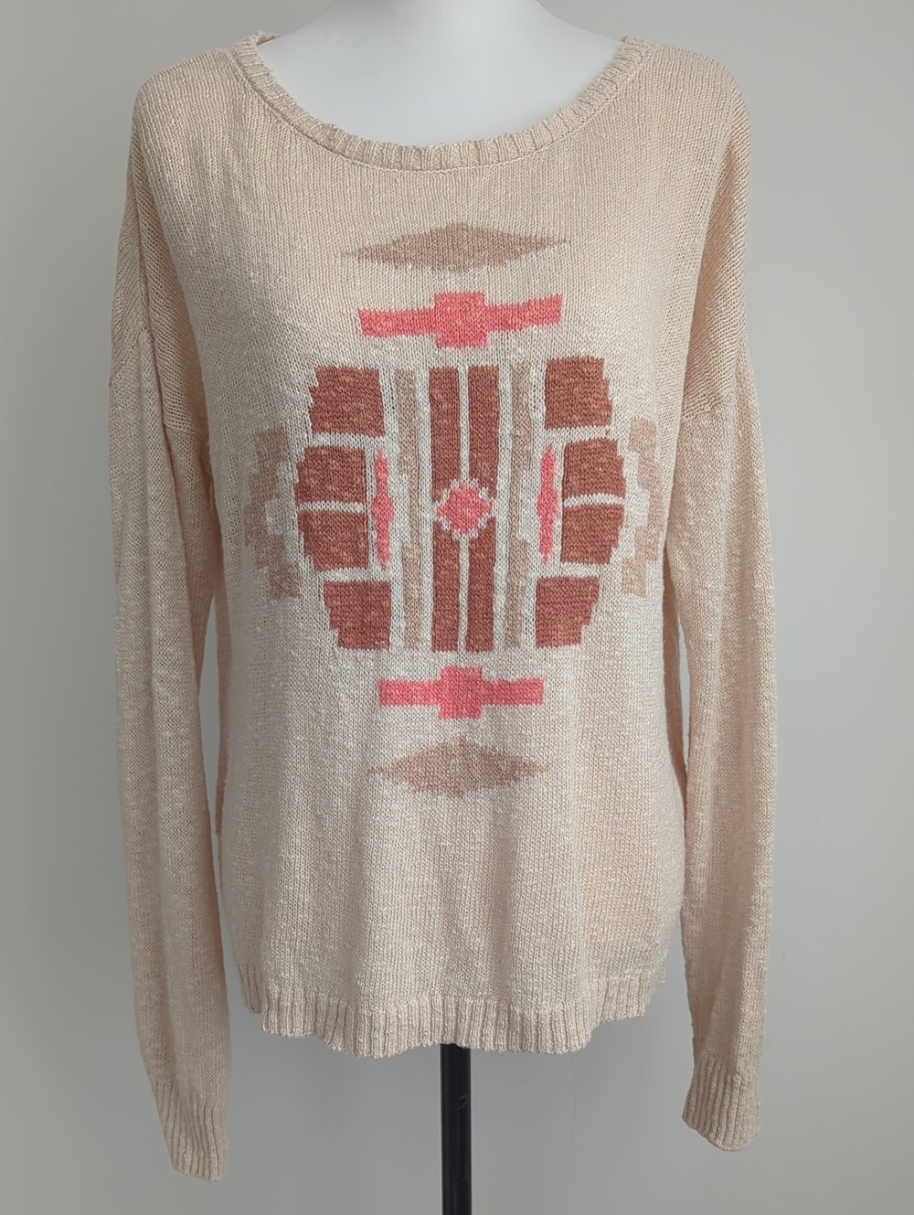 Lucky Brand Southwestern Aztec Intarsia Knit Boho Button-Back Sweater LARGE
